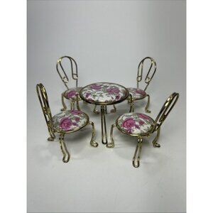 Miniature Dollhouse Enamel Top Table & 4 Chairs Rose Wire Parlor Kitchen Dining